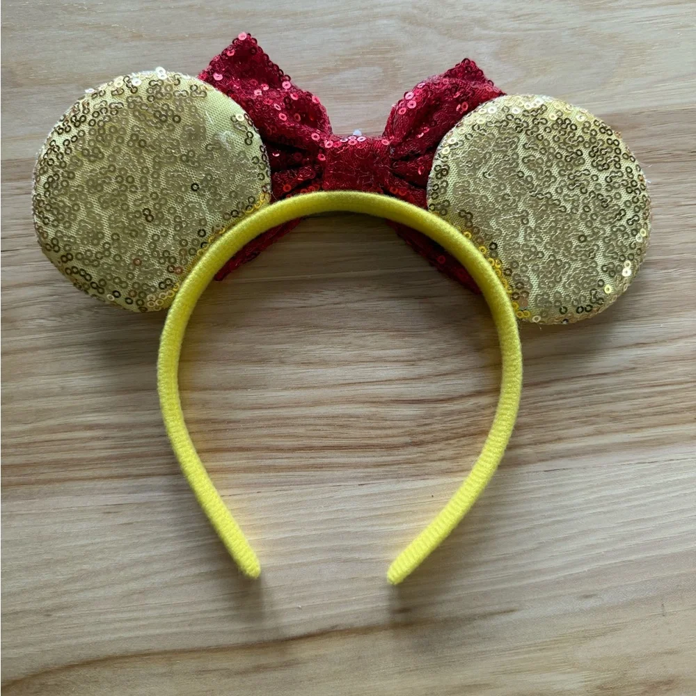 Minnie Mouse Ears‎ Headband Red Gold Sequin Crown Kids Costume Dress Up OS